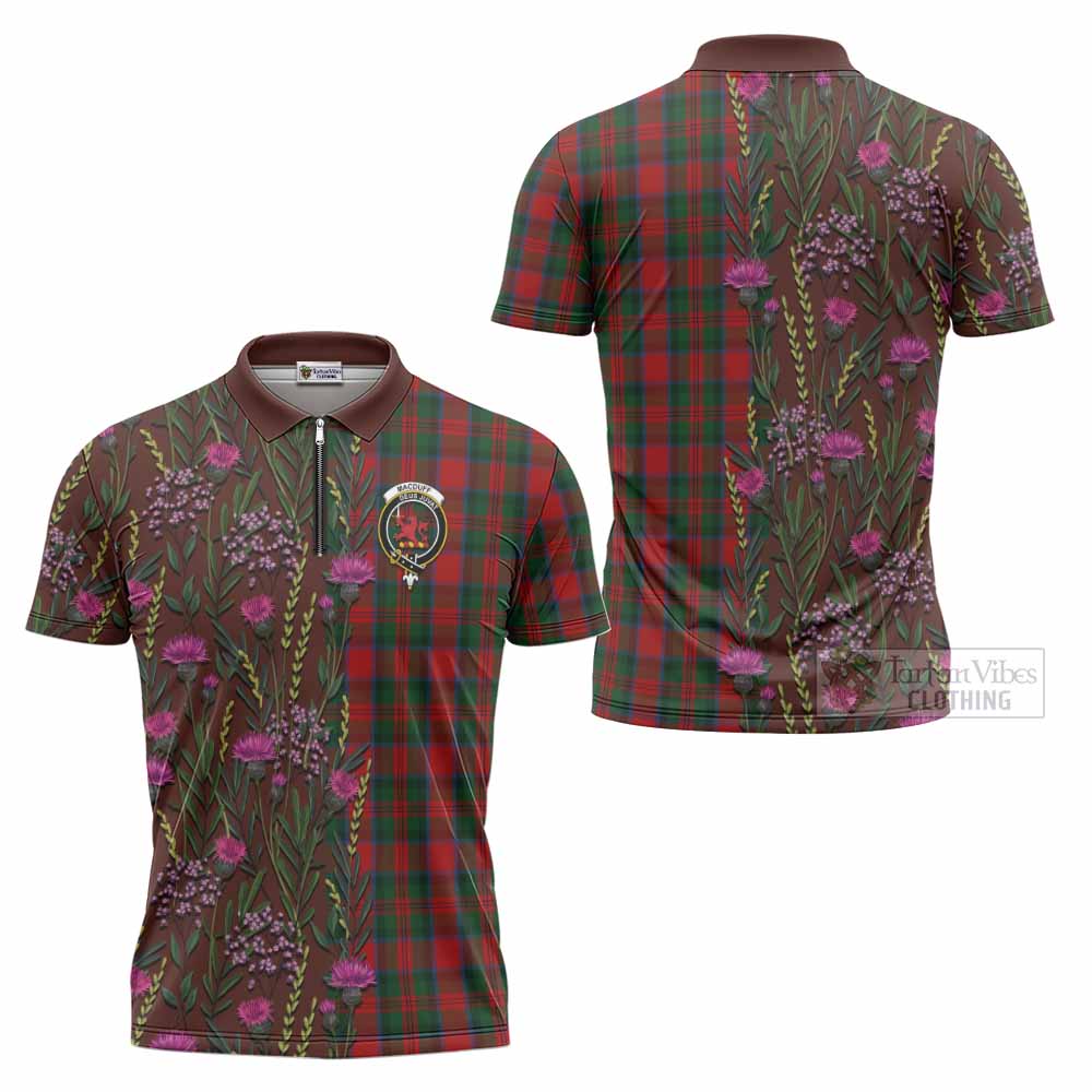 MacDuff (McDuff) Family Crest Tartan Zipper Polo Shirt Scottish Thistle Flower Pattern Half Style - Tartan Vibes Clothing