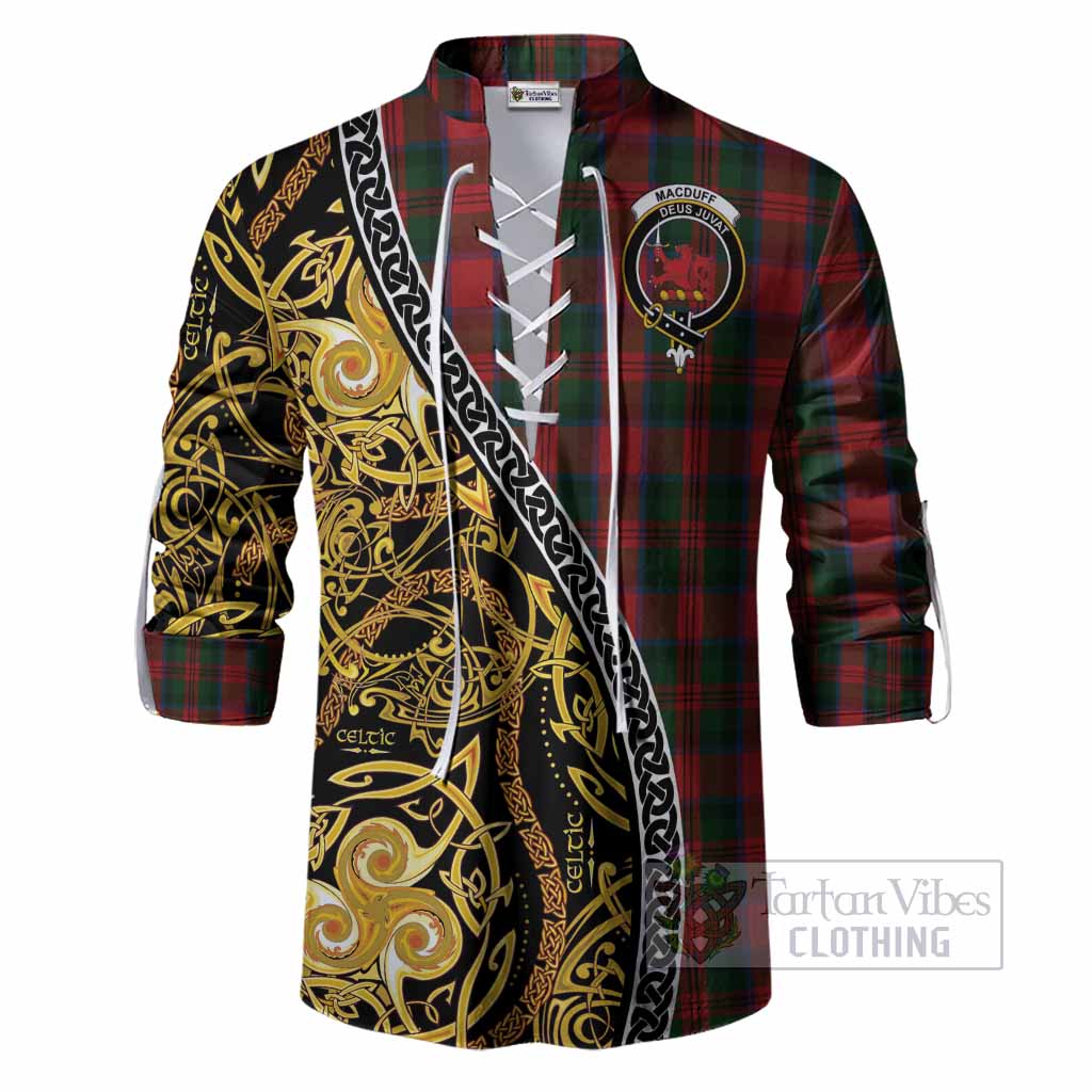 MacDuff (McDuff) Tartan Crest Ghillie Shirt Celtic Knot and Triple Trickle Spiral Symbols