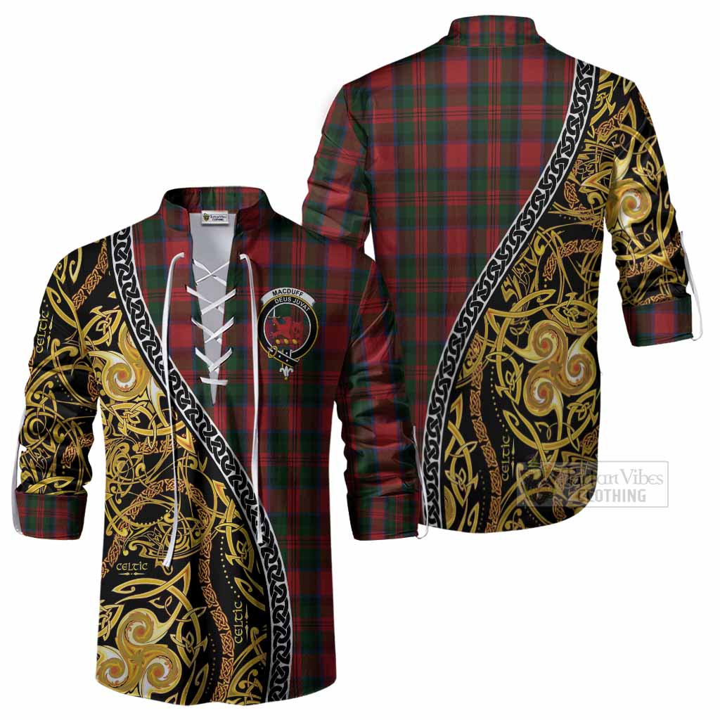 MacDuff (McDuff) Tartan Crest Ghillie Shirt Celtic Knot and Triple Trickle Spiral Symbols