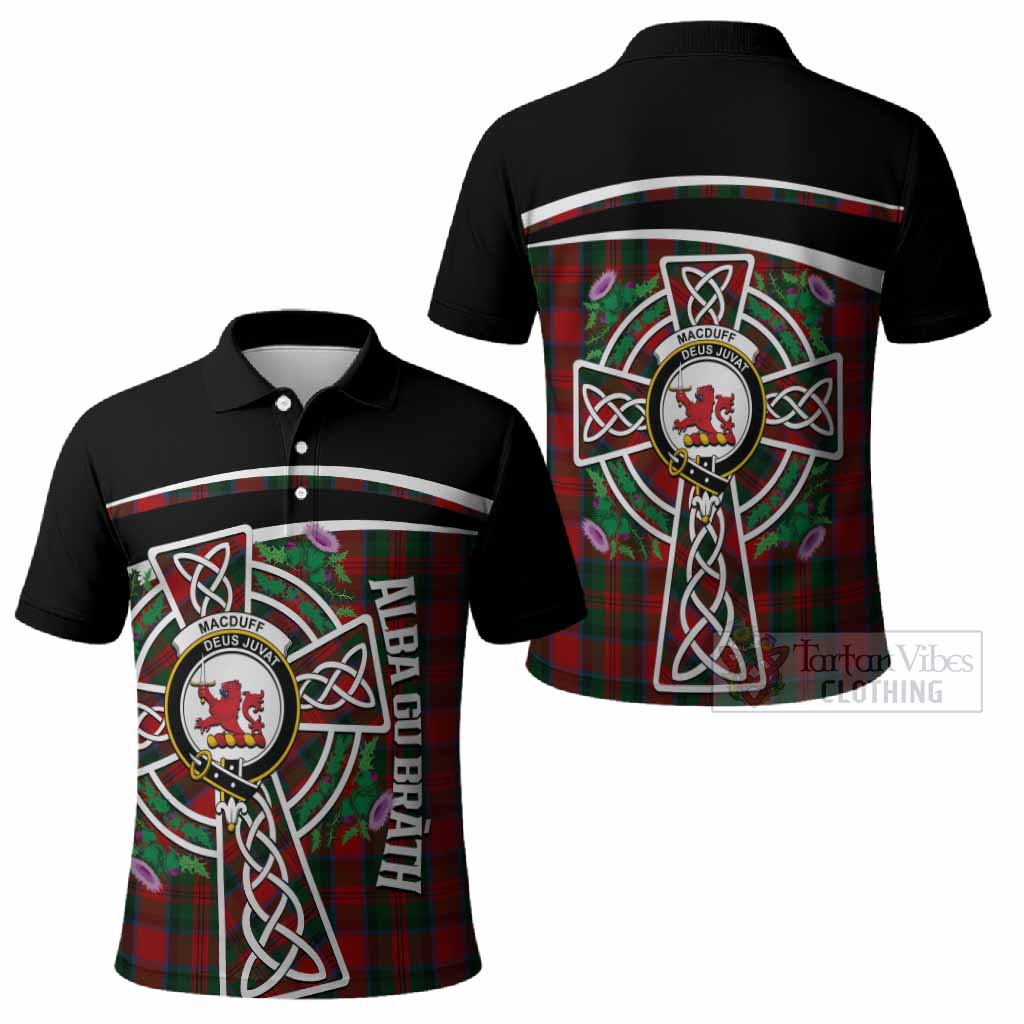 MacDuff (McDuff) Tartan Crest Polo Shirt Scottish Thistle Celtic Cross Alba Gu Brath