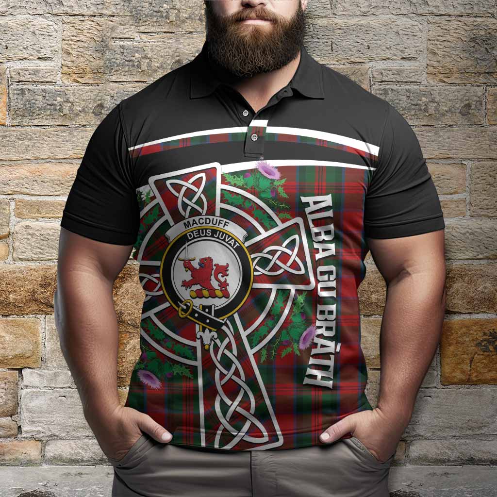 MacDuff (McDuff) Tartan Crest Polo Shirt Scottish Thistle Celtic Cross Alba Gu Brath