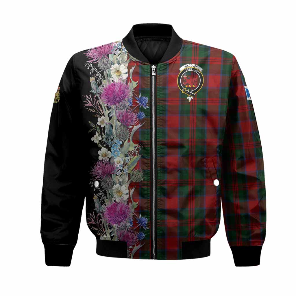 MacDuff (McDuff) Tartan Crest Thistle Floral Bomber Jacket Unisex Black - Tartan Vibes Clothing
