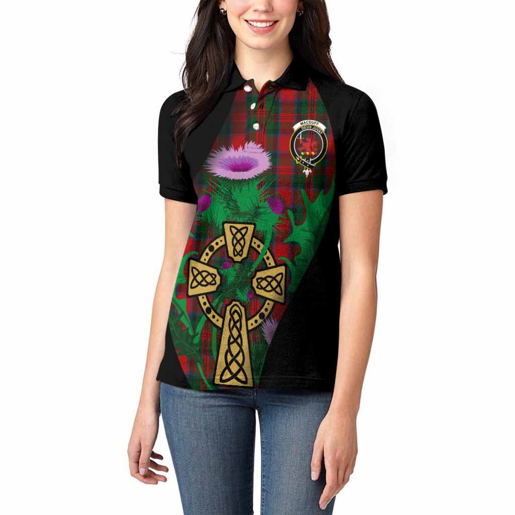 MacDuff (McDuff) Tartan Crest Women Polo Shirt Celtic Cross Thistle Flowers