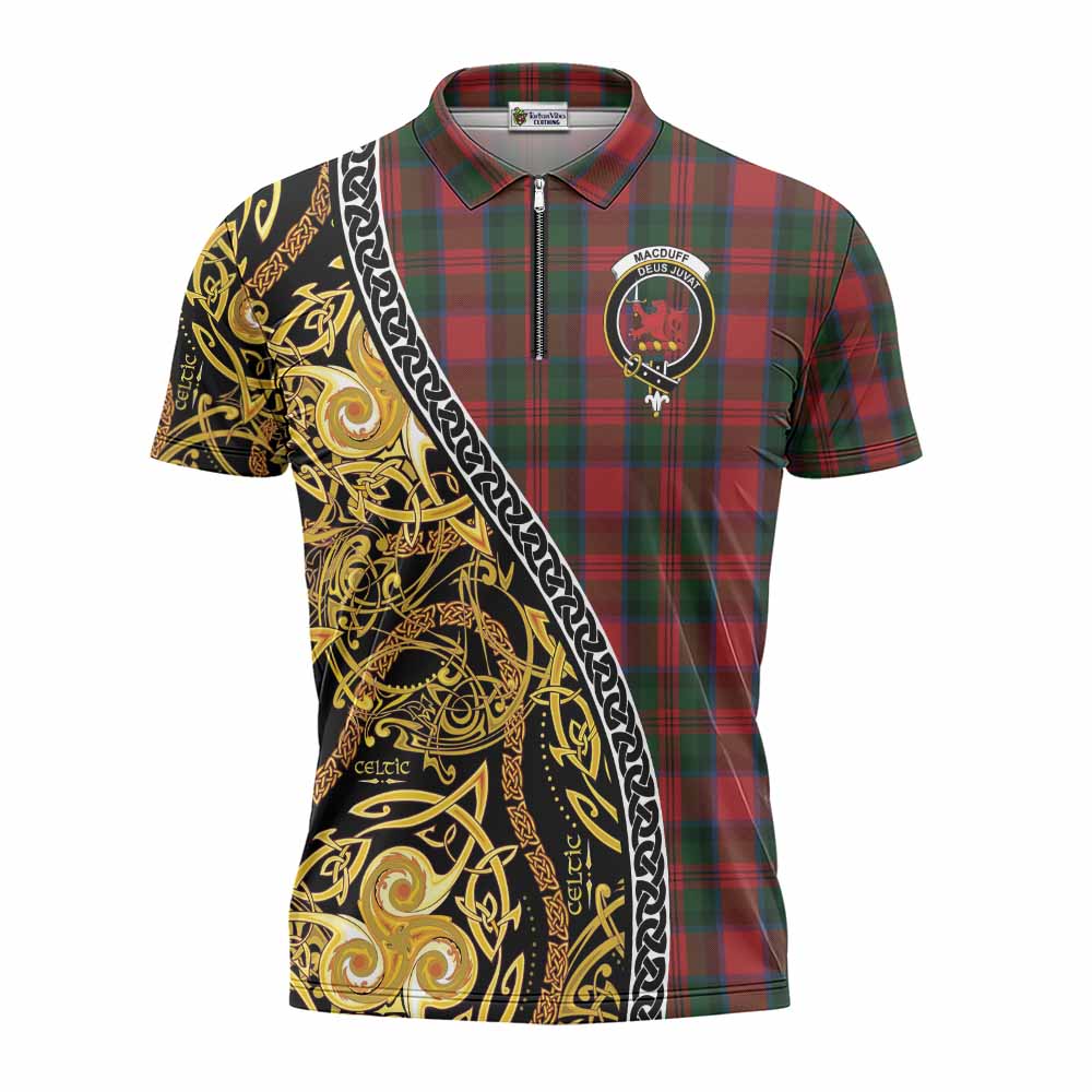 MacDuff (McDuff) Tartan Crest Zipper Polo Shirt Celtic Knot and Triple Trickle Spiral Symbols