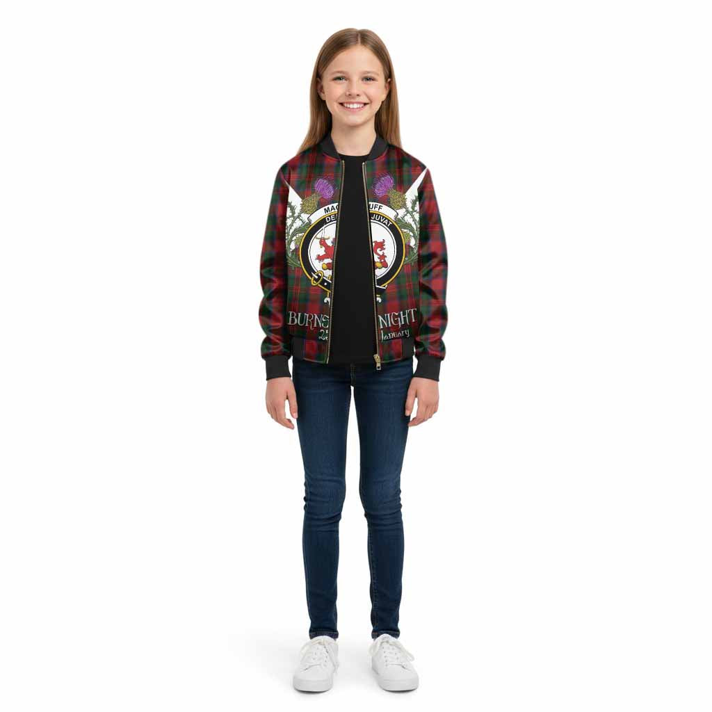 MacDuff (McDuff) Tartan Family Crest Kid Bomber Jacket Scottish Burns Night Thistle Floral