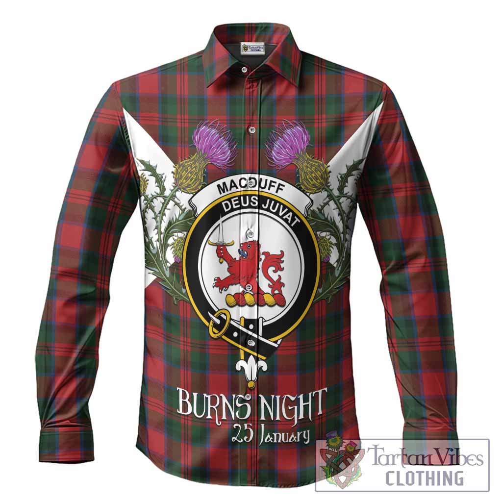 MacDuff (McDuff) Tartan Family Crest Long Sleeve Button Shirts Scottish Burns Night Thistle Floral