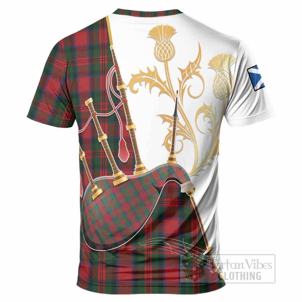 MacDuff (McDuff) Tartan Family Crest T-Shirt Bagpipes with Scottish Thistle