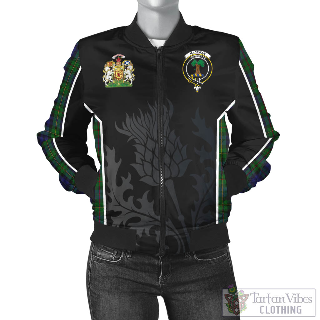 Tartan Vibes Clothing MacEwan Tartan Bomber Jacket with Family Crest and Scottish Thistle Vibes Sport Style