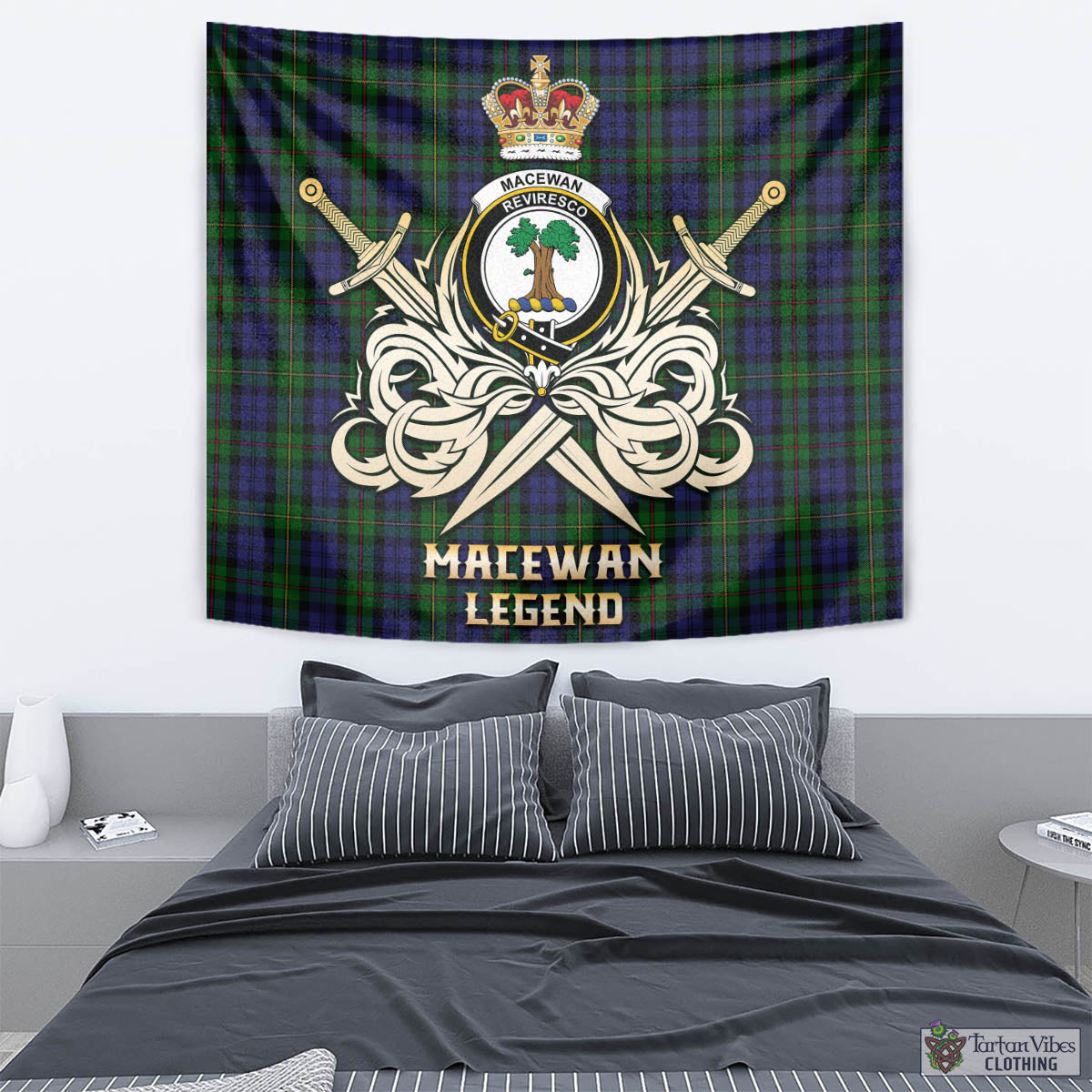 Tartan Vibes Clothing MacEwan Tartan Tapestry with Clan Crest and the Golden Sword of Courageous Legacy