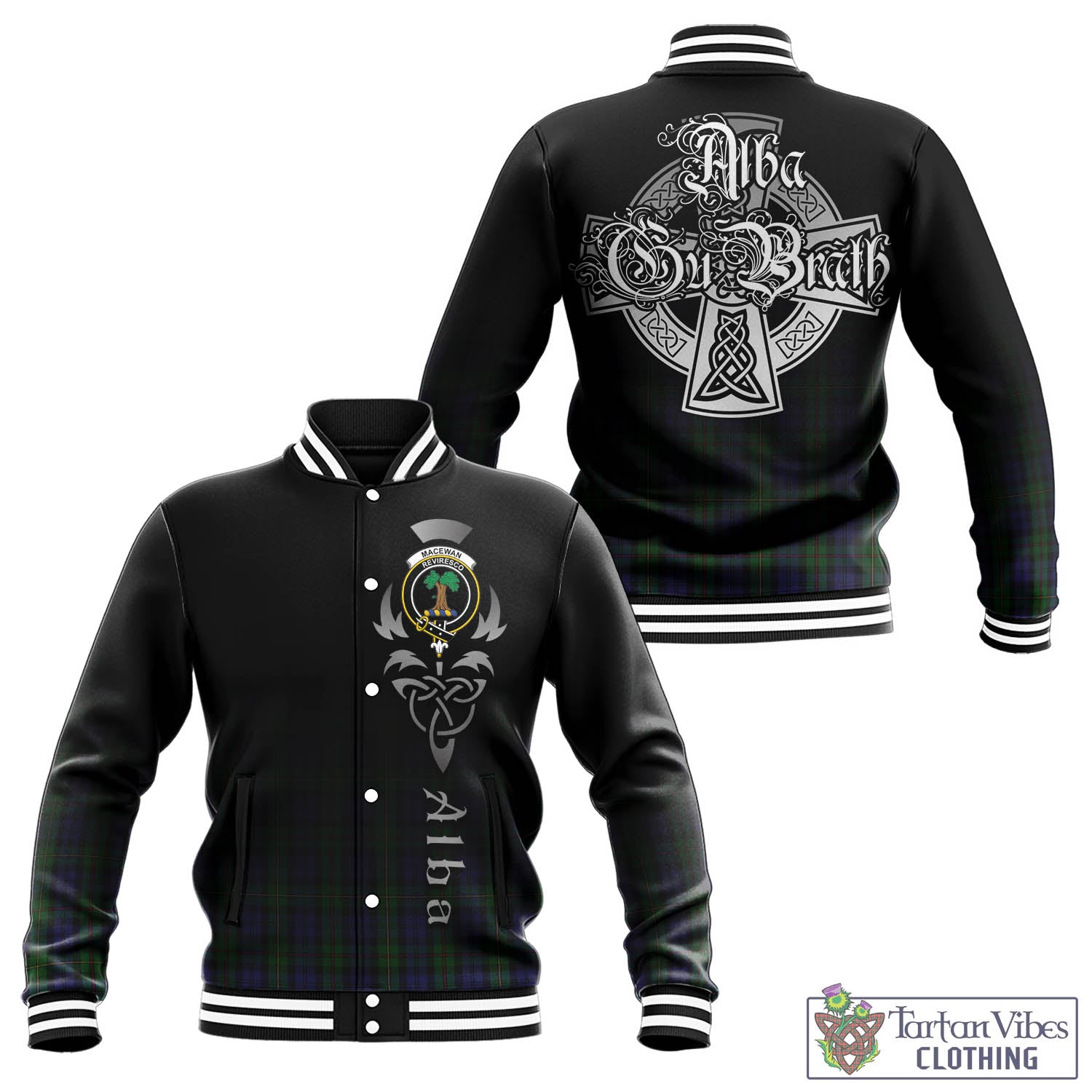 Tartan Vibes Clothing MacEwan Tartan Baseball Jacket Featuring Alba Gu Brath Family Crest Celtic Inspired
