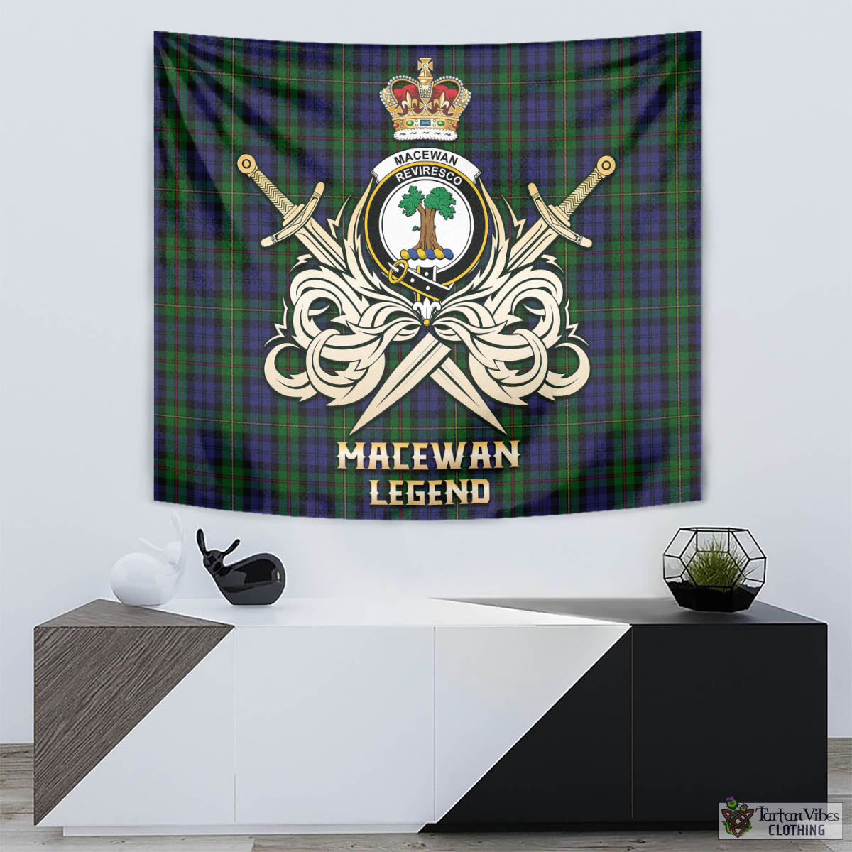 Tartan Vibes Clothing MacEwan Tartan Tapestry with Clan Crest and the Golden Sword of Courageous Legacy