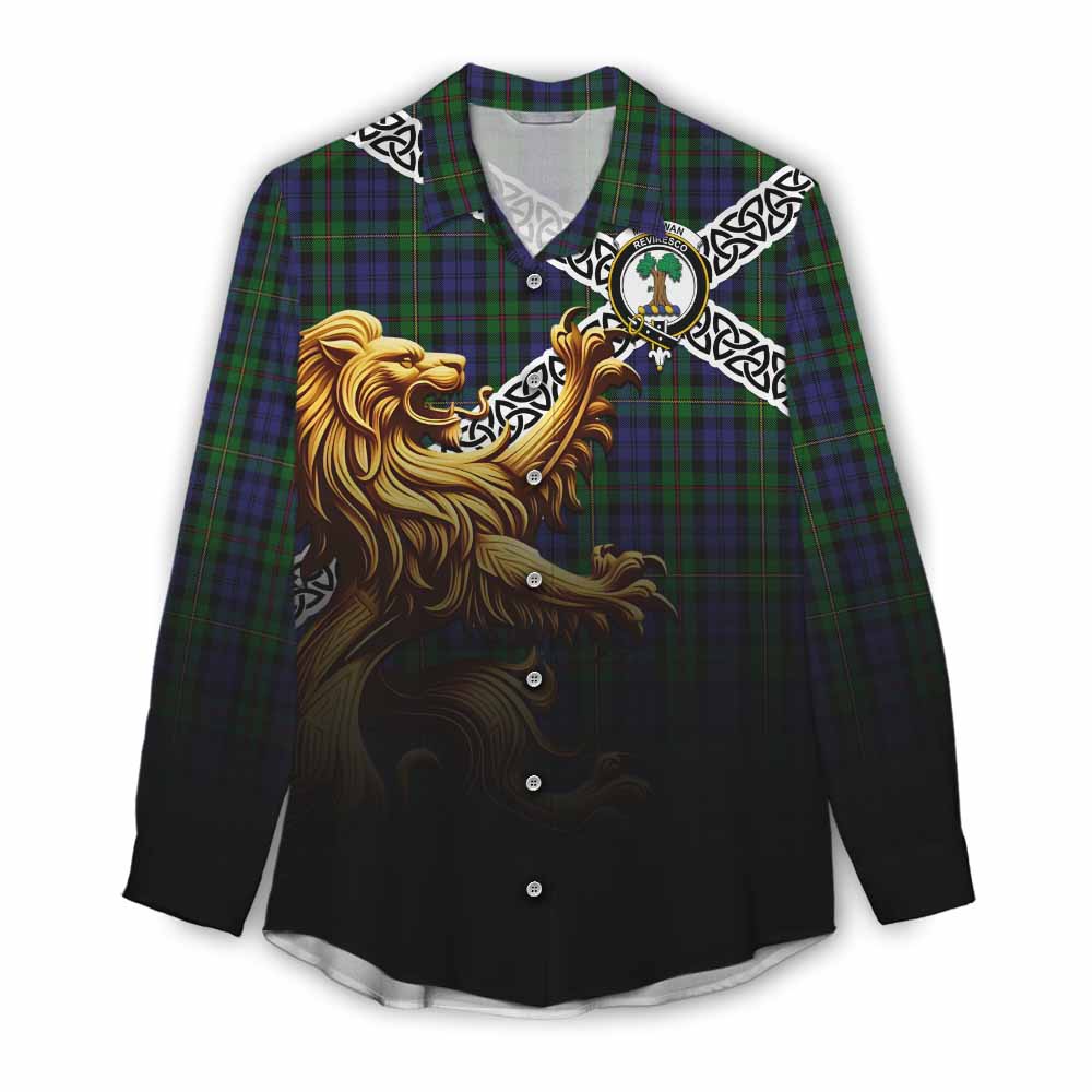 Tartan Vibes Clothing MacEwan (MacEwen) Crest Tartan Women's Casual Shirt with Golden Lion Emblem Celtic Style