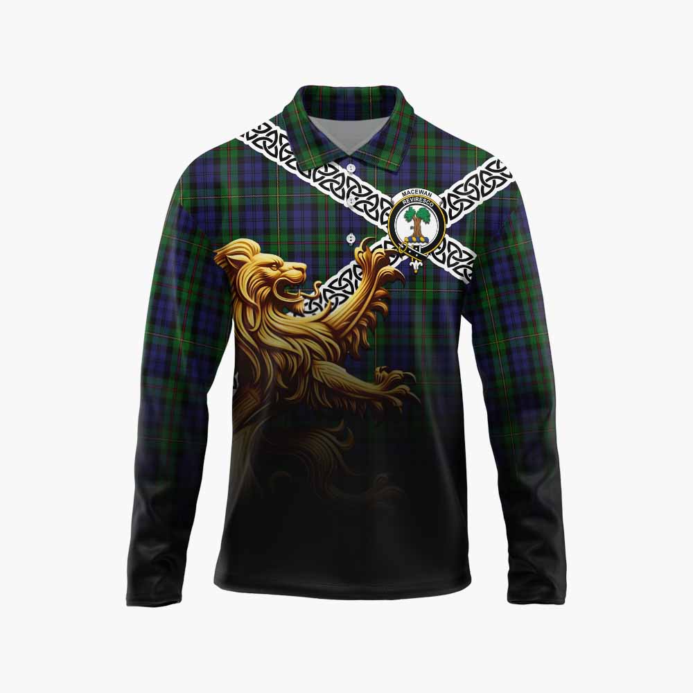Tartan Vibes Clothing MacEwan (MacEwen) Crest Tartan Long Sleeve Polo Shirt with Golden Lion Emblem Celtic Style