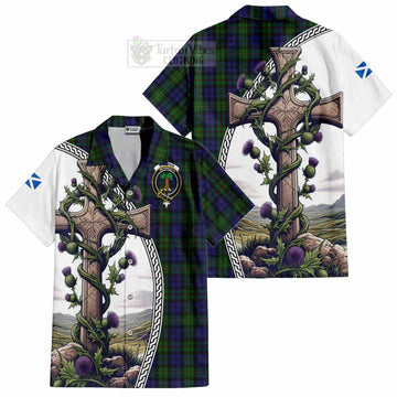 Tartan Vibes Clothing MacEwan (MacEwen) Tartan Short Sleeve Button Shirt with Family Crest and St. Andrew's Cross Accented by Thistle Vines
