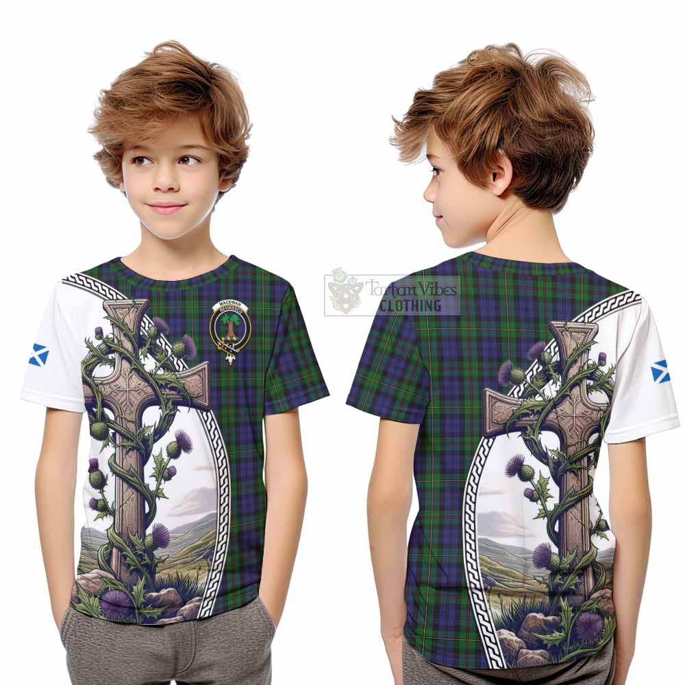 Tartan Vibes Clothing MacEwan (MacEwen) Tartan Kid T-Shirt with Family Crest and St. Andrew's Cross Accented by Thistle Vines