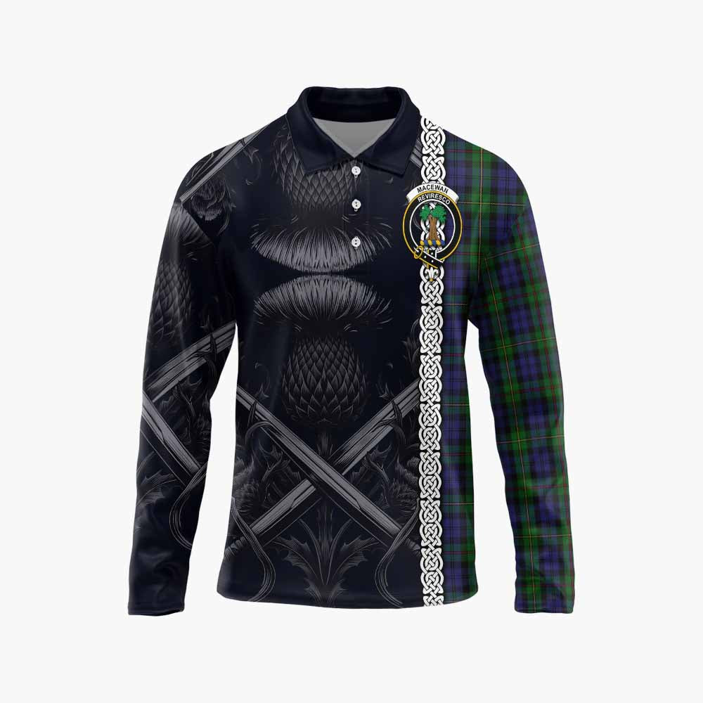 Tartan Vibes Clothing MacEwan (MacEwen) Tartan Long Sleeve Polo Shirt with Family Crest Cross Sword Thistle Celtic Vibes