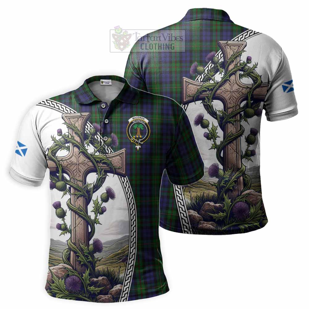Tartan Vibes Clothing MacEwan (MacEwen) Tartan Polo Shirt with Family Crest and St. Andrew's Cross Accented by Thistle Vines