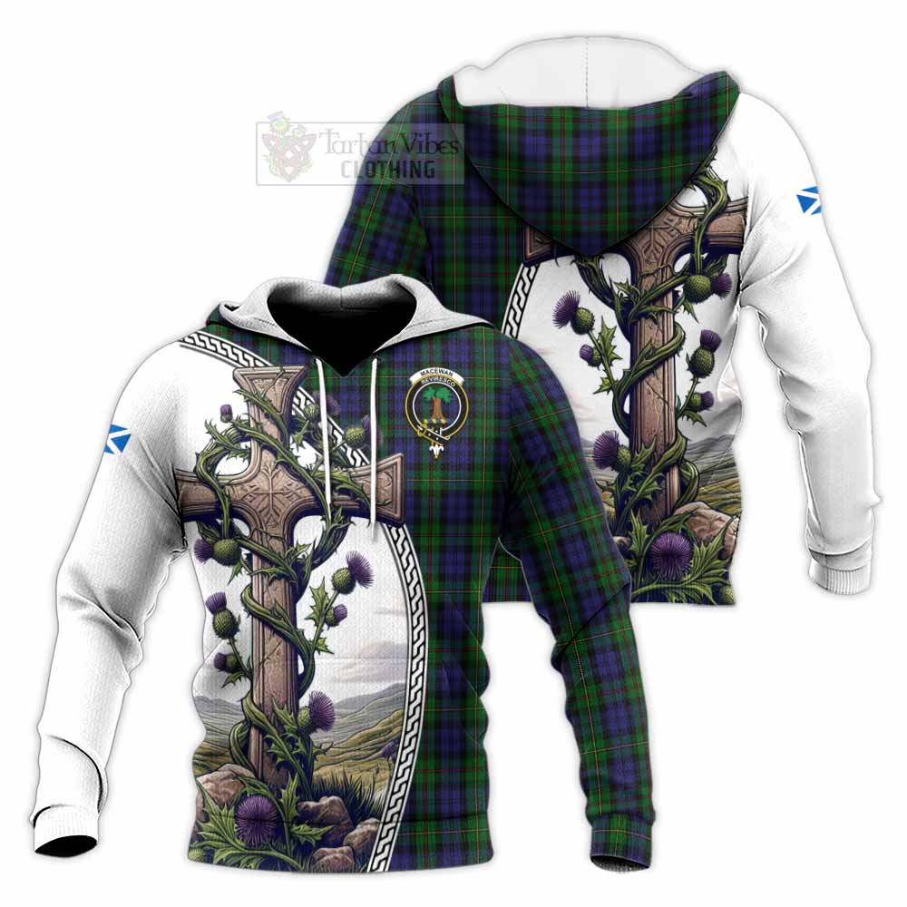 Tartan Vibes Clothing MacEwan (MacEwen) Tartan Knitted Hoodie with Family Crest and St. Andrew's Cross Accented by Thistle Vines