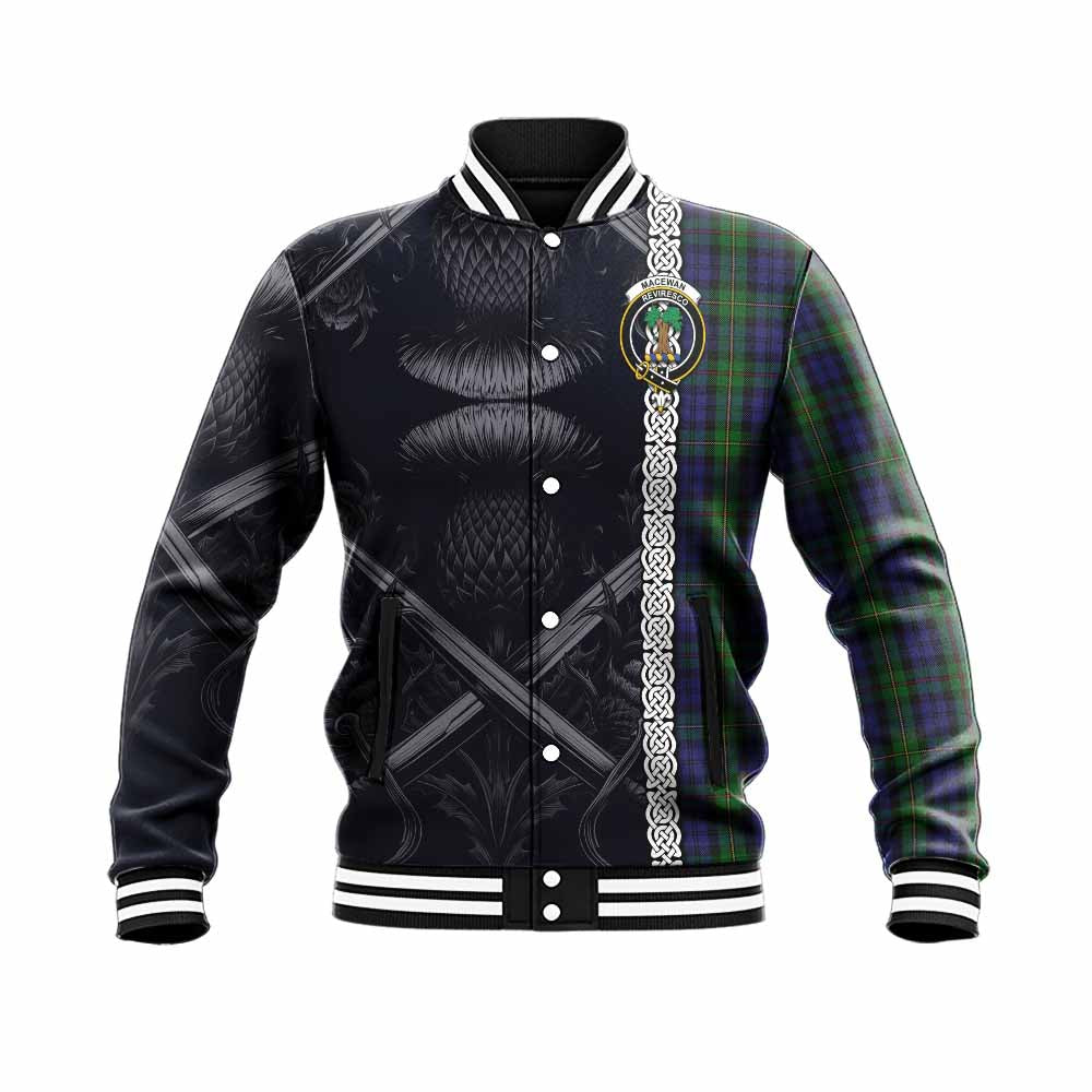 Tartan Vibes Clothing MacEwan (MacEwen) Tartan Baseball Jacket with Family Crest Cross Sword Thistle Celtic Vibes