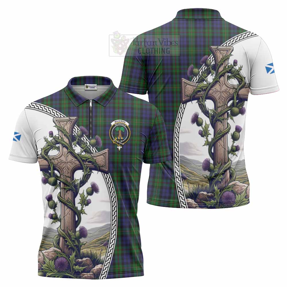 Tartan Vibes Clothing MacEwan (MacEwen) Tartan Zipper Polo Shirt with Family Crest and St. Andrew's Cross Accented by Thistle Vines
