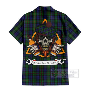 MacEwan (MacEwen) Tartan Hawaiian Shirt with Family Crest and Bearded Skull Holding Bottles of Whiskey