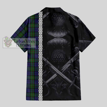 Tartan Vibes Clothing MacEwan (MacEwen) Tartan Short Sleeve Button Shirt with Family Crest Cross Sword Thistle Celtic Vibes