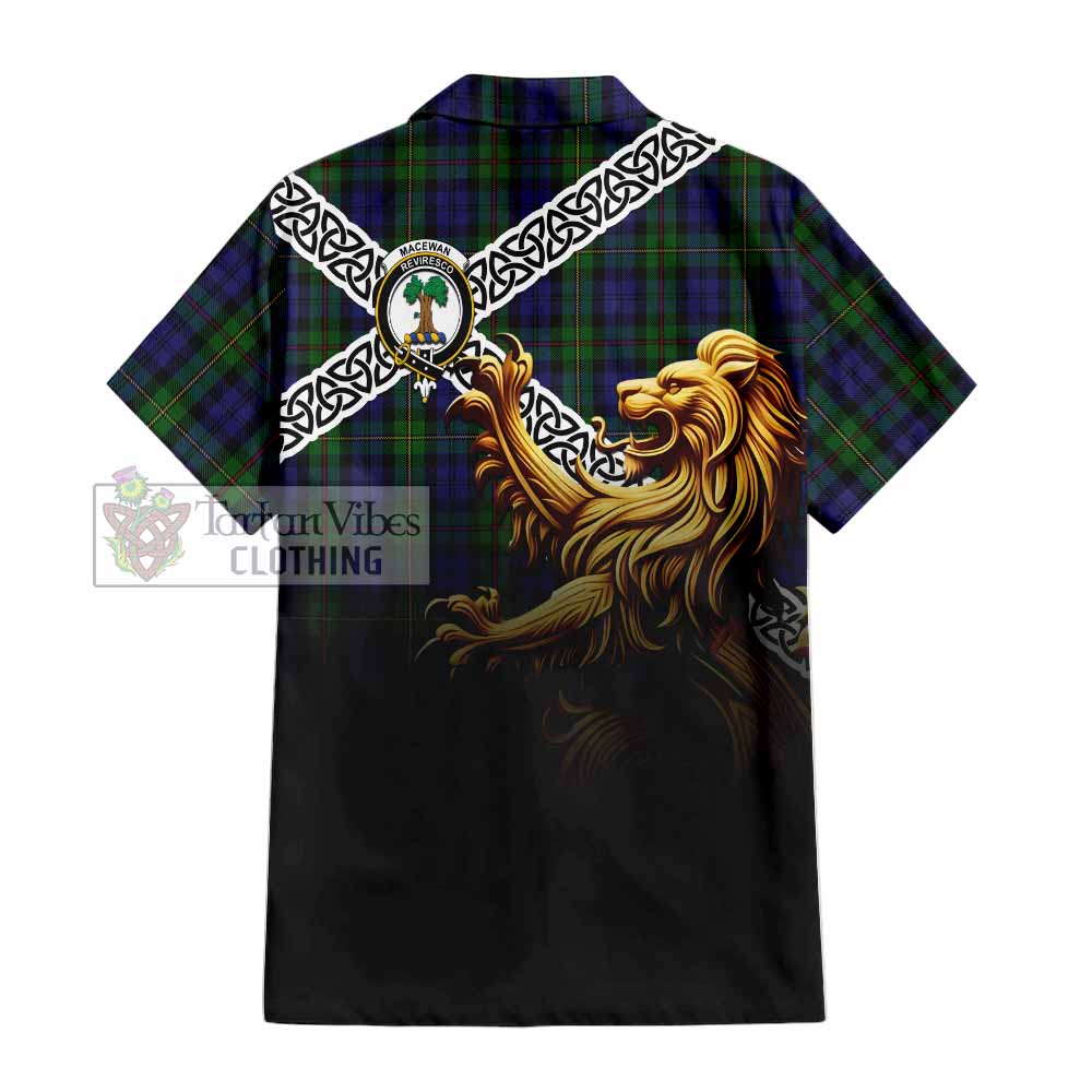 Tartan Vibes Clothing MacEwan (MacEwen) Crest Tartan Short Sleeve Button Shirt with Golden Lion Emblem Celtic Style