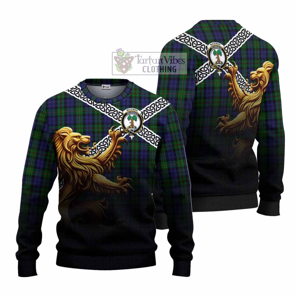 Tartan Vibes Clothing MacEwan (MacEwen) Crest Tartan Knitted Sweater with Golden Lion Emblem Celtic Style