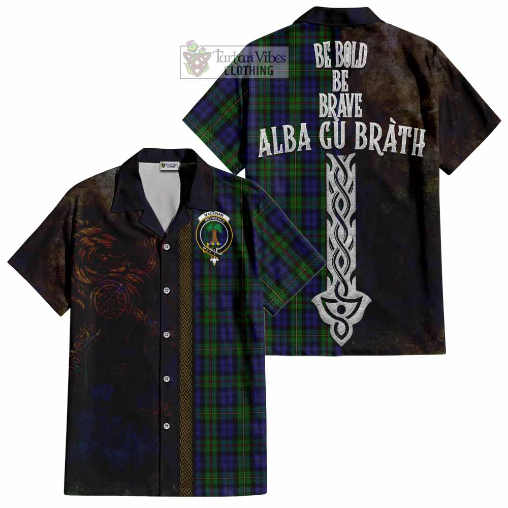 Tartan Vibes Clothing MacEwan (MacEwen) Tartan Family Crest Short Sleeve Button Shirt Alba Gu Brath Be Brave Lion Ancient Style