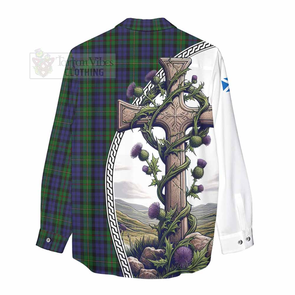Tartan Vibes Clothing MacEwan (MacEwen) Tartan Women's Casual Shirt with Family Crest and St. Andrew's Cross Accented by Thistle Vines