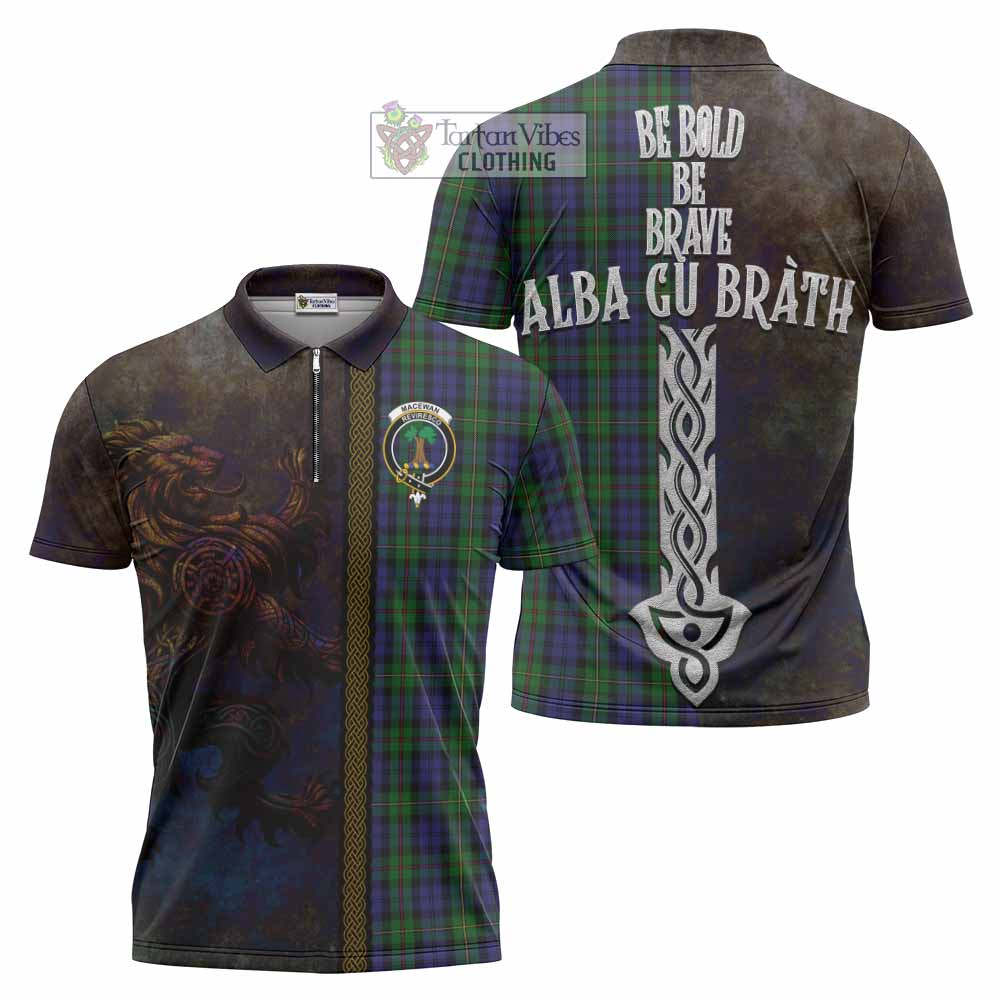 Tartan Vibes Clothing MacEwan (MacEwen) Tartan Family Crest Zipper Polo Shirt Alba Gu Brath Be Brave Lion Ancient Style