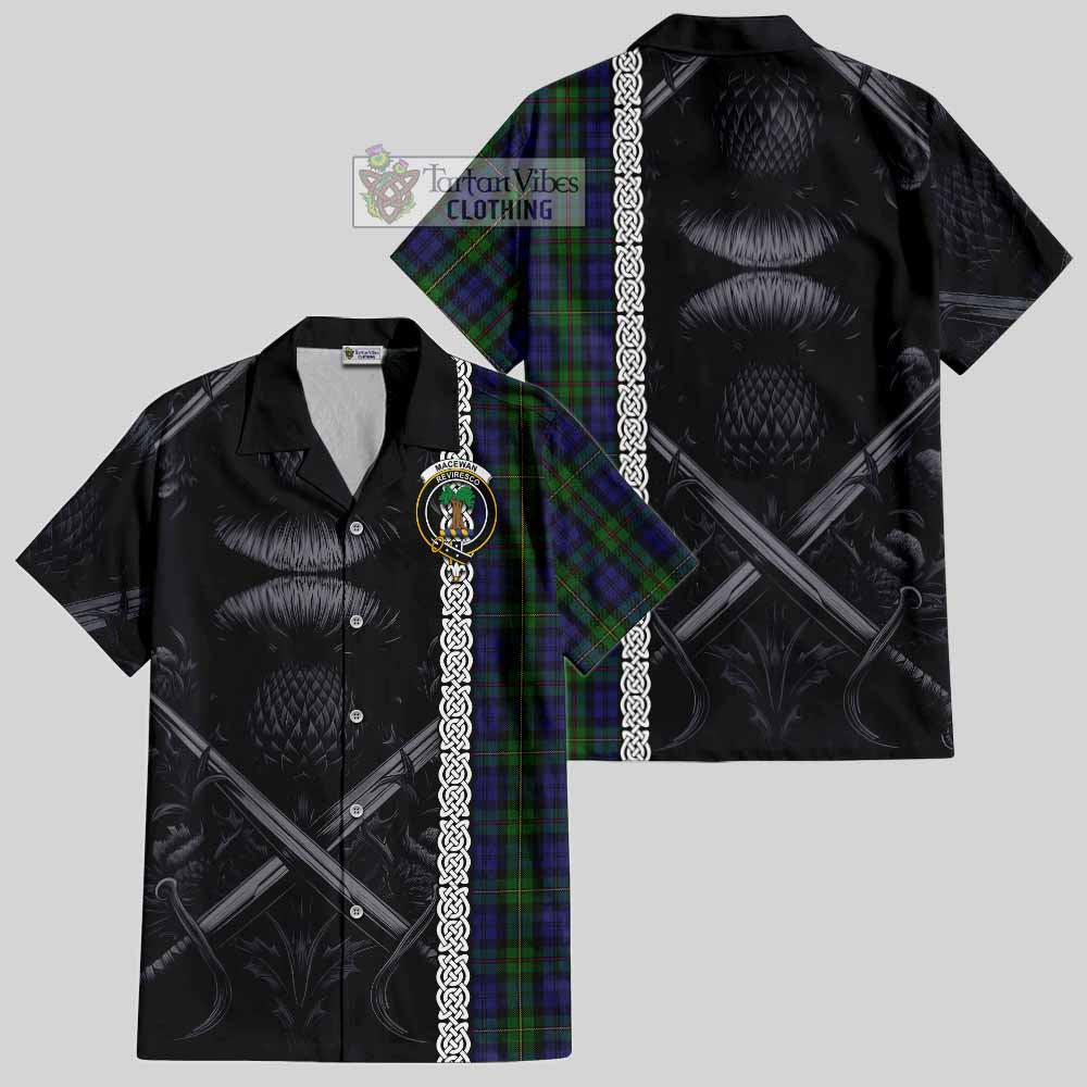 Tartan Vibes Clothing MacEwan (MacEwen) Tartan Short Sleeve Button Shirt with Family Crest Cross Sword Thistle Celtic Vibes