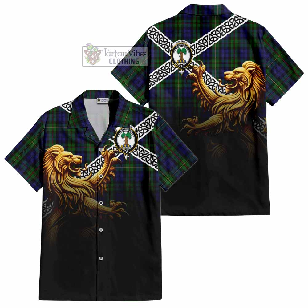 Tartan Vibes Clothing MacEwan (MacEwen) Crest Tartan Short Sleeve Button Shirt with Golden Lion Emblem Celtic Style