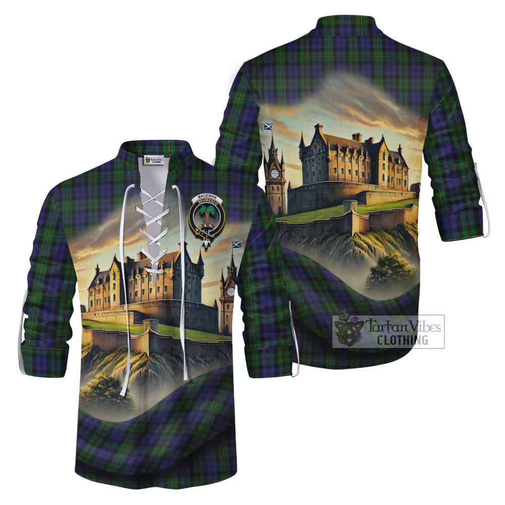 Tartan Vibes Clothing MacEwan (MacEwen) Tartan Family Crest Ghillie Kilt Shirt with Scottish Ancient Castle Style