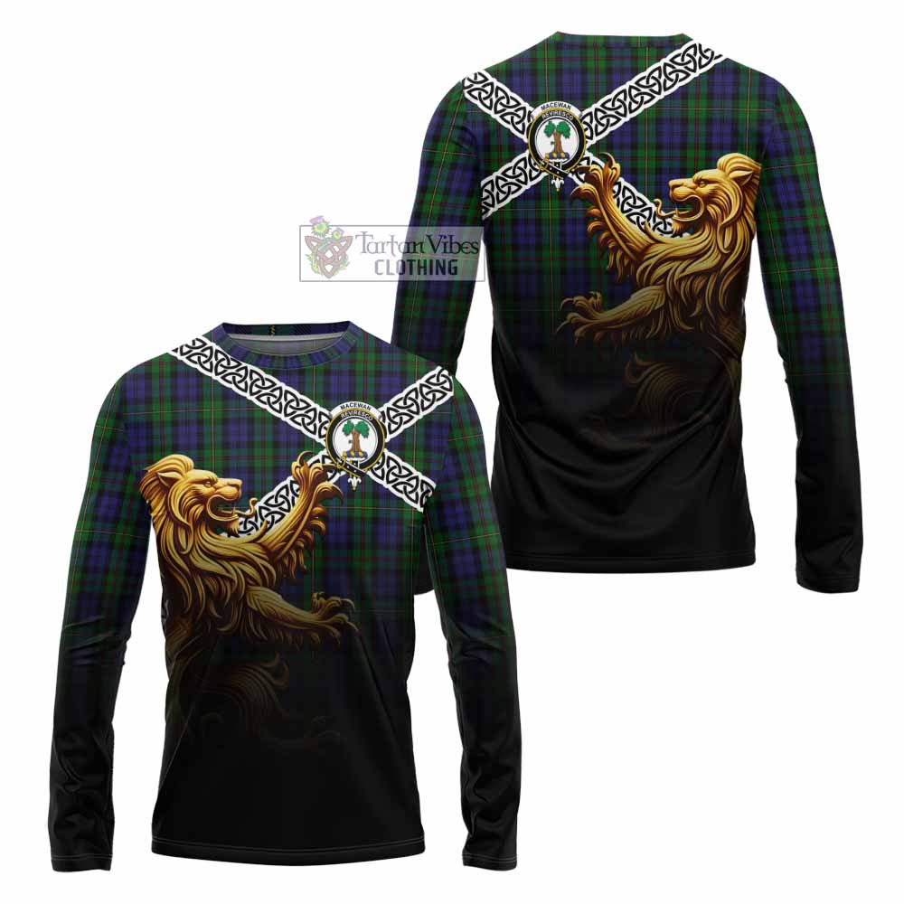 Tartan Vibes Clothing MacEwan (MacEwen) Crest Tartan Long Sleeve T-Shirt with Golden Lion Emblem Celtic Style