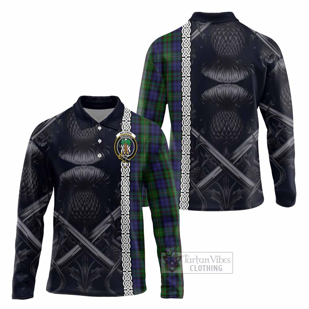 Tartan Vibes Clothing MacEwan (MacEwen) Tartan Long Sleeve Polo Shirt with Family Crest Cross Sword Thistle Celtic Vibes