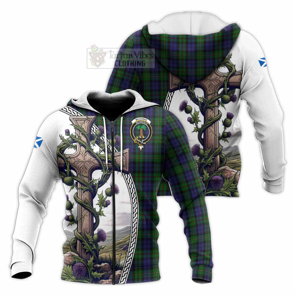 Tartan Vibes Clothing MacEwan (MacEwen) Tartan Knitted Hoodie with Family Crest and St. Andrew's Cross Accented by Thistle Vines