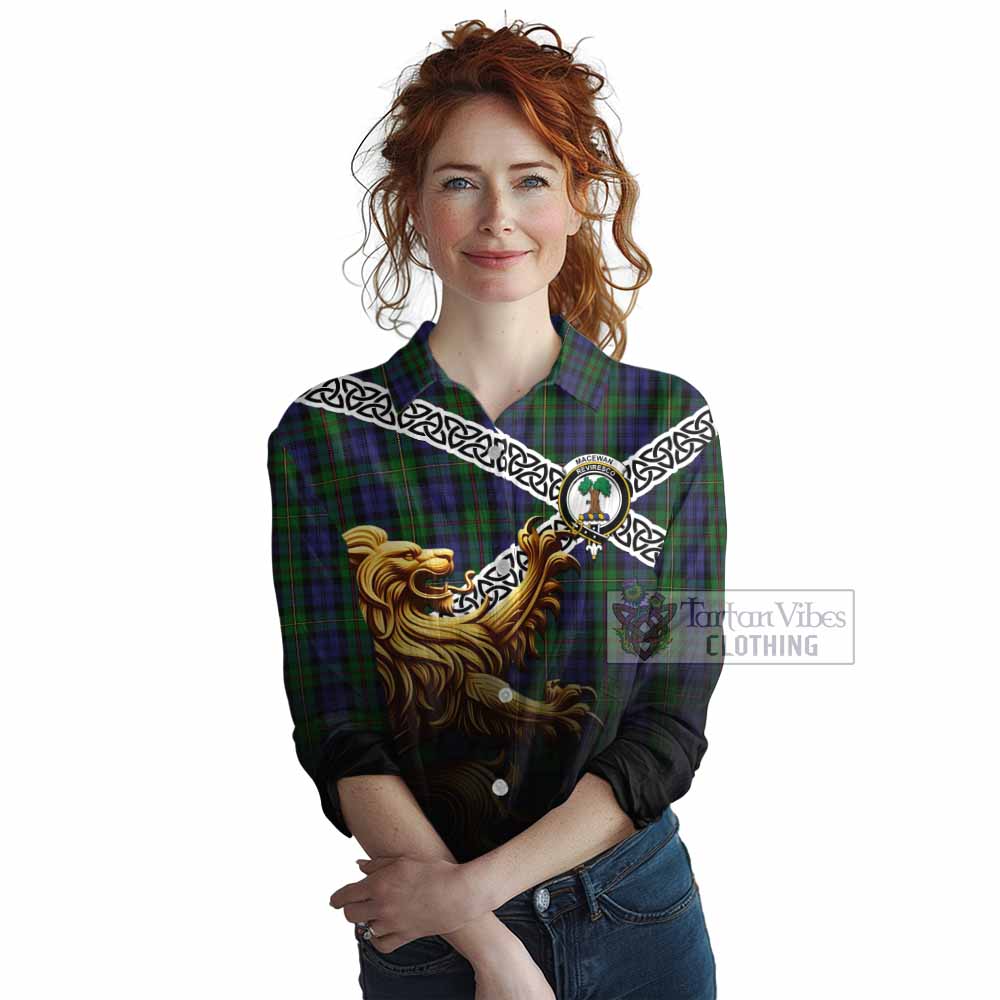 Tartan Vibes Clothing MacEwan (MacEwen) Crest Tartan Women's Casual Shirt with Golden Lion Emblem Celtic Style