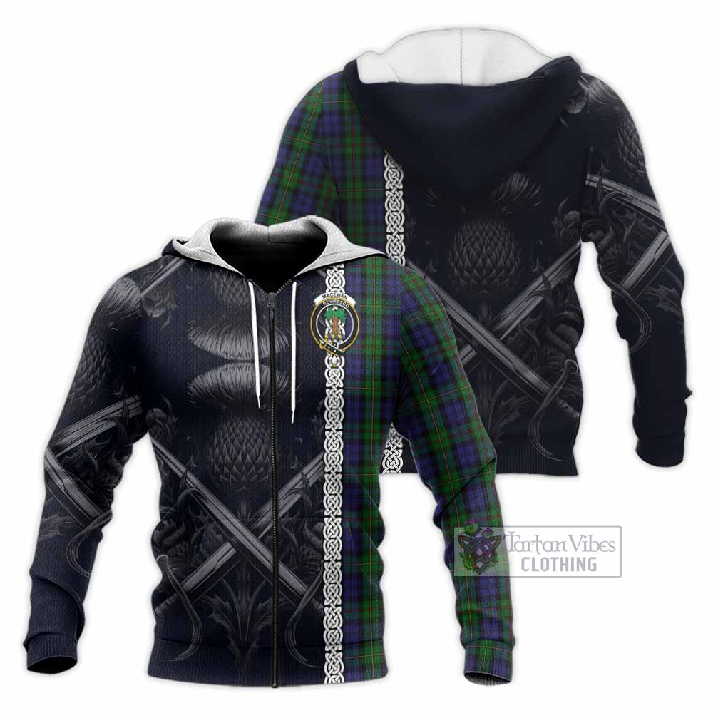 Tartan Vibes Clothing MacEwan (MacEwen) Tartan Knitted Hoodie with Family Crest Cross Sword Thistle Celtic Vibes