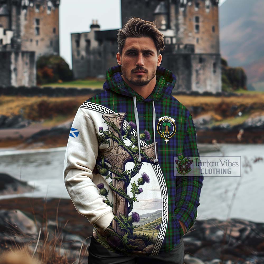 Tartan Vibes Clothing MacEwan (MacEwen) Tartan Cotton Hoodie with Family Crest and St. Andrew's Cross Accented by Thistle Vines