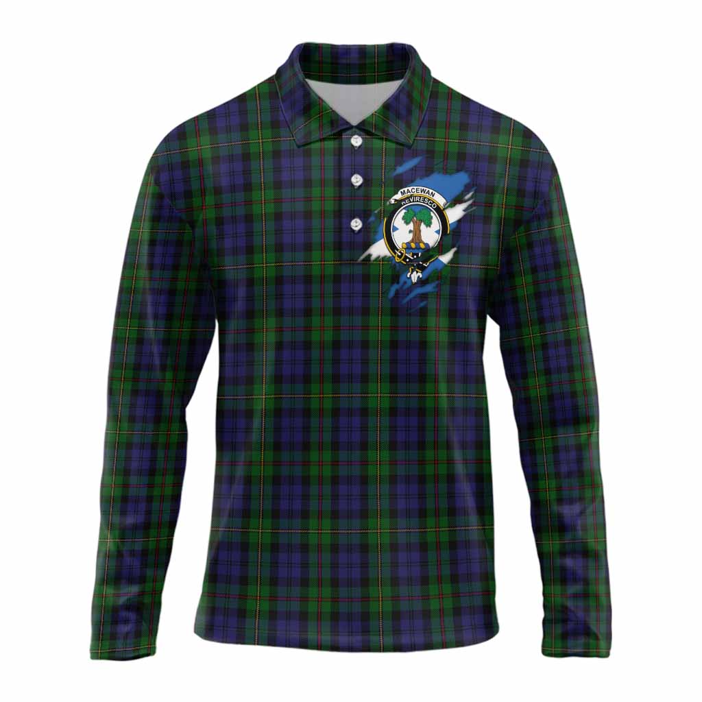 MacEwan (MacEwen) Clan Crest In Me Tartan Long Sleeve Polo Shirt Scotland Flag Style