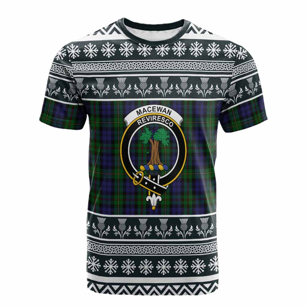 MacEwan (MacEwen) Clan Tartan Christmas Cotton T-shirt with Family Crest - Tartan Vibes Clothing
