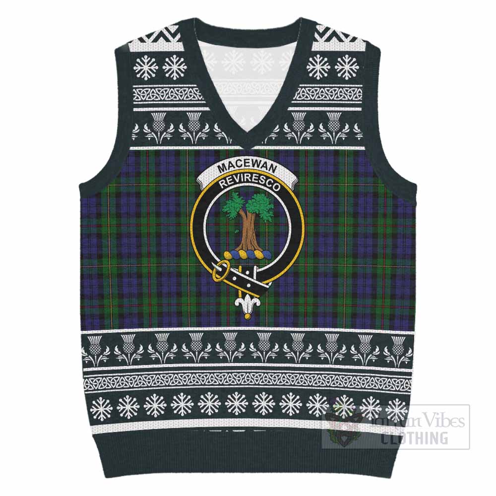 MacEwan (MacEwen) Clan Tartan Christmas Knitted V-Neck Vest with Family Crest - Tartan Vibes Clothing