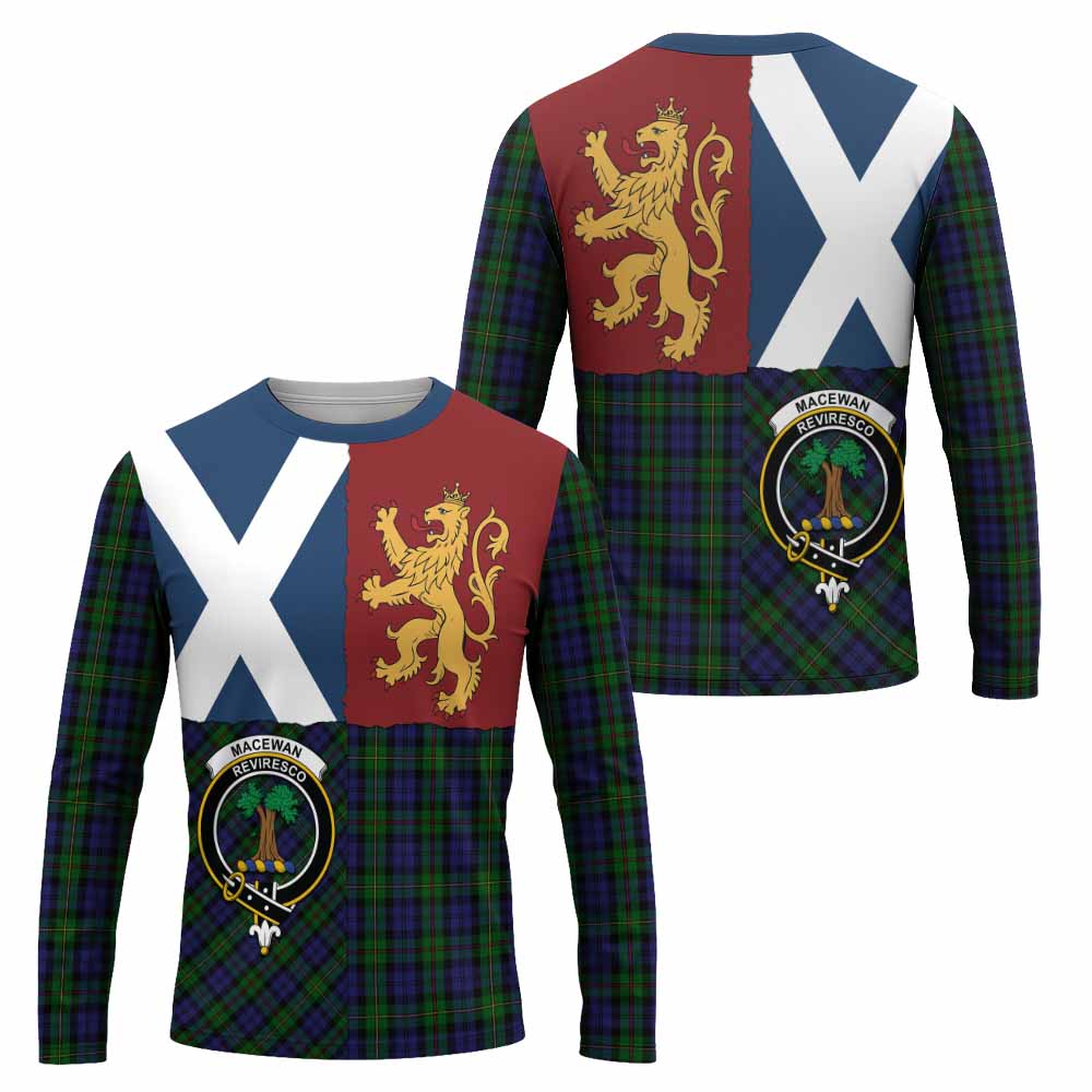 MacEwan (MacEwen) Crest Tartan Long Sleeve T-Shirt with Lion Rampant Saltire Style
