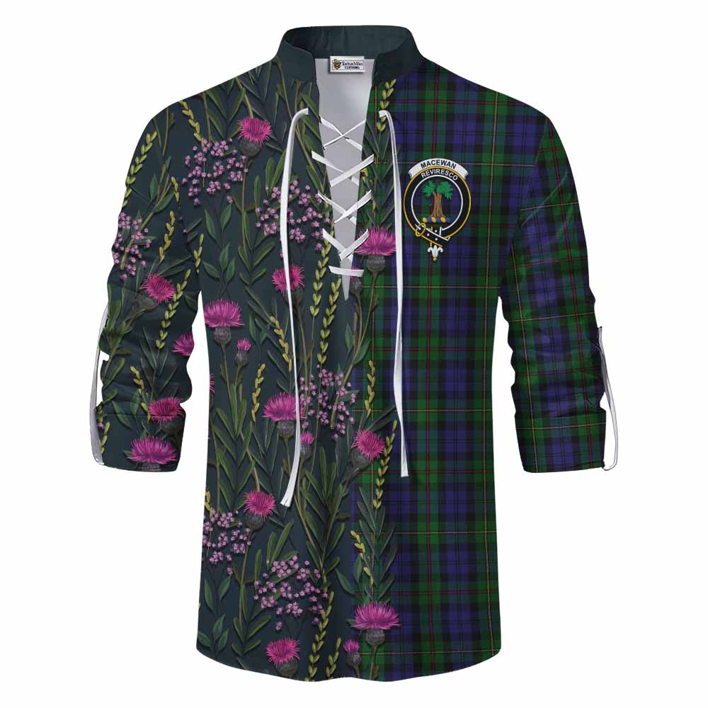 MacEwan (MacEwen) Family Crest Tartan Ghillie Shirt Scottish Thistle Flower Pattern Half Style - Tartan Vibes Clothing