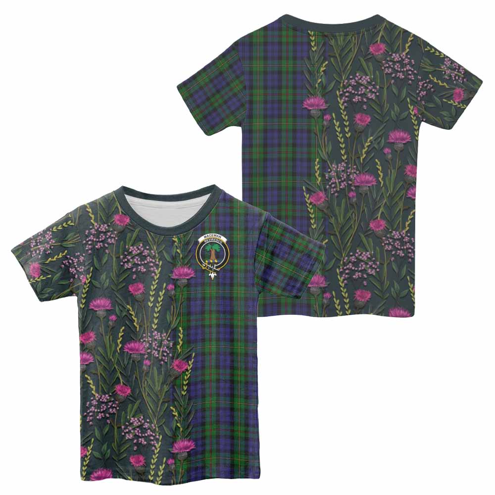 MacEwan (MacEwen) Family Crest Tartan Kid T-shirt Scottish Thistle Flower Pattern Half Style - Tartan Vibes Clothing