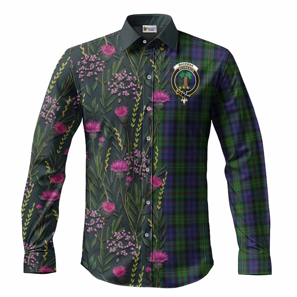MacEwan (MacEwen) Family Crest Tartan Long Sleeve Button Shirts Scottish Thistle Flower Pattern Half Style - Tartan Vibes Clothing