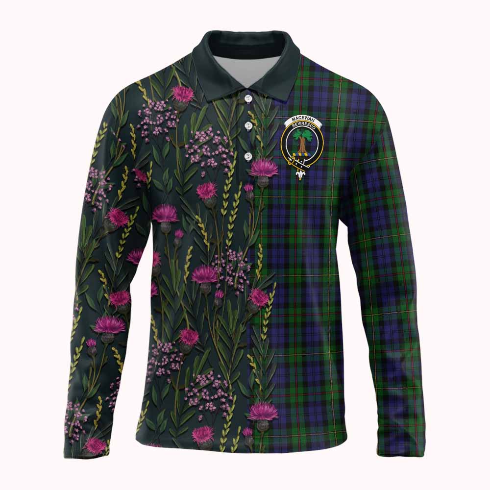 MacEwan (MacEwen) Family Crest Tartan Long Sleeve Polo Shirt Scottish Thistle Flower Pattern Half Style - Tartan Vibes Clothing