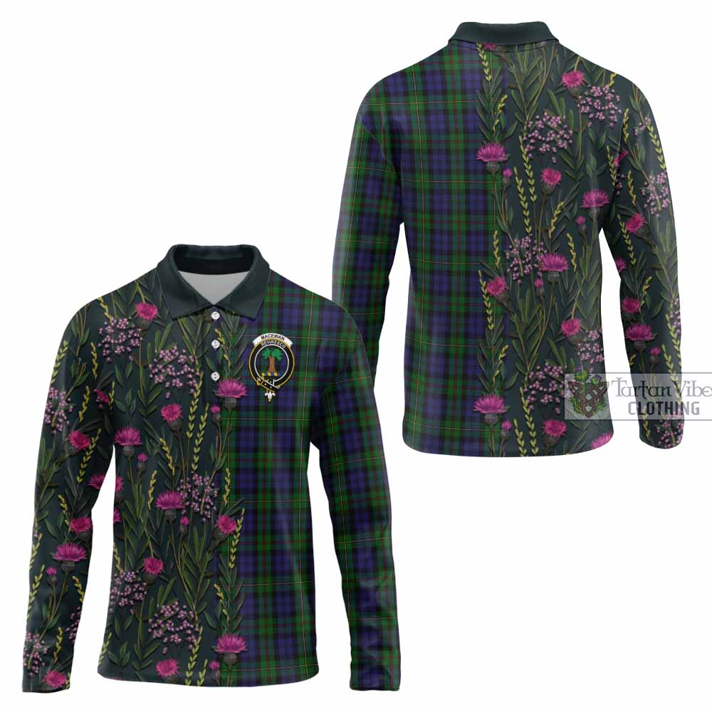 MacEwan (MacEwen) Family Crest Tartan Long Sleeve Polo Shirt Scottish Thistle Flower Pattern Half Style - Tartan Vibes Clothing