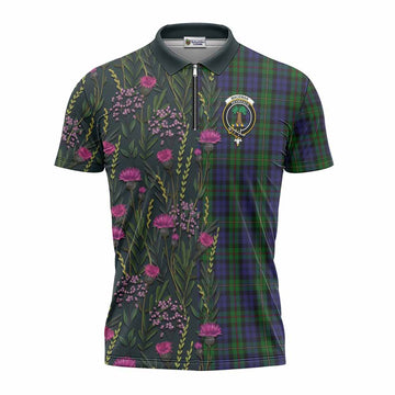 MacEwan (MacEwen) Family Crest Tartan Zipper Polo Shirt Scottish Thistle Flower Pattern Half Style